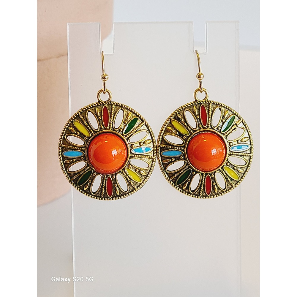 Gold Tone Multi Color Enamel Sunburst Boho Drop Earrings Orange Cabochon Round